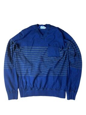 URBAN MAN Blue Striped V-Neck 100% Cotton Knit Sweater XL
